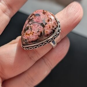 Vintage Handmade Teardrop Pink Rhodonite Accent Ring in Silver Setting 8.2